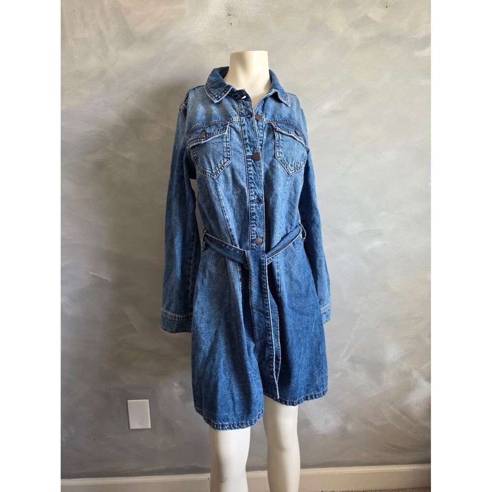 A.N.A. Denim Jean Shirt Dress Belted Collar Button Diwn Cotton Medium Wash Sz S